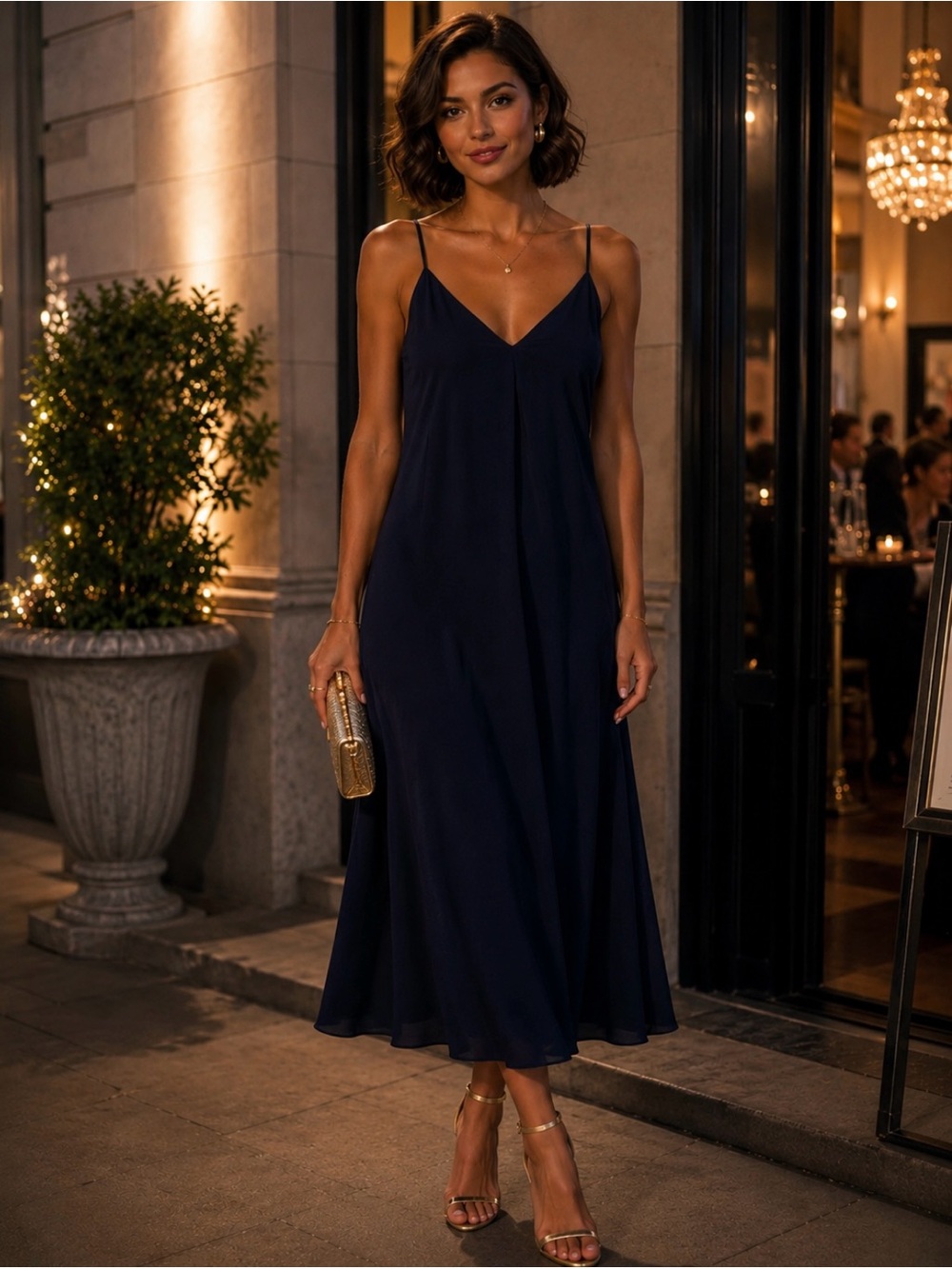 The Fifth Label Dark Blue Satin Slip Midi Dress with V-Neck